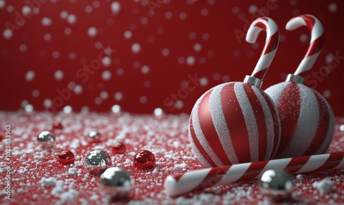 Decorative red and white ornaments and candy canes on festive red background ...