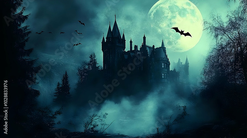 A haunted castle under a full moon with bats and misty surroundings.