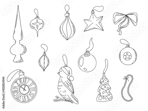 Christmas and New Year vector baubles collection. Different hand drawn doodle elements for Christmas tree decor, baubles, topper, ribbon, holidays attributes