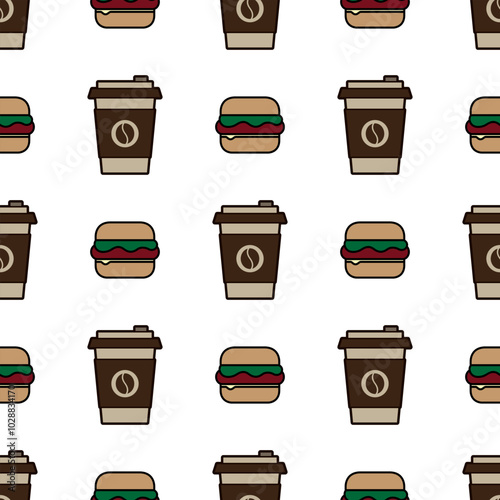 Seamless coffee cup and burger pattern for coffee shop background, cafe decoration, dining and culinary events. for coffee themed greeting cards. for coffee themed fabric motifs