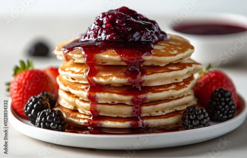 Delicious stack of pancakes topped with berry syrup and fresh strawberries an...