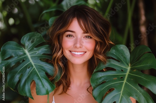 A young woman smiles while posing with lush green leaves in a tropical settin...