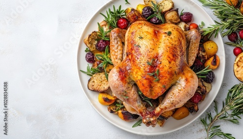 Roasted whole chicken with vegetables on a white plate view from above