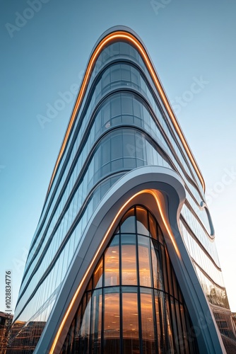 Modern skyscraper with curved glass facade reflecting sunset in an urban land...