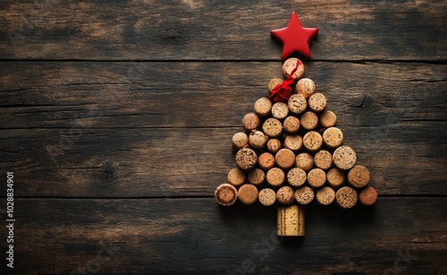 Creative cork Christmas tree made from wine corks with a red star decoration