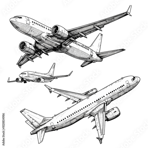 Set of Plane flies in sky clouds, vector sketch illustration. Air travel, tourism flight, plane tickets booking hand drawn isolated design elements