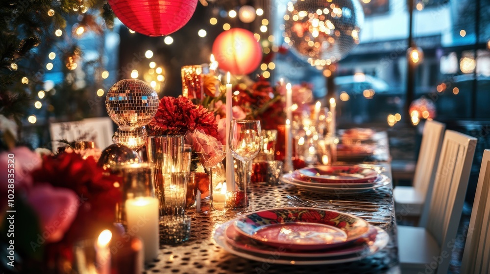 Elegant table setting adorned with flowers and lights for a festive celebration in a cozy indoor space Elegant table setting adorned with flowers and lights for a festive celebration in a cozy indoor space