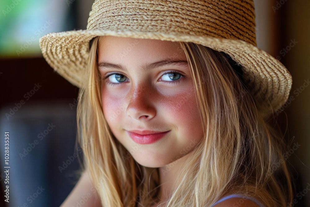Young girl in straw hat with natural light and blissful expression Young girl in straw hat with natural light and blissful expression