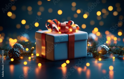 Elegant holiday gift box adorned with ribbon, surrounded by twinkling lights ...