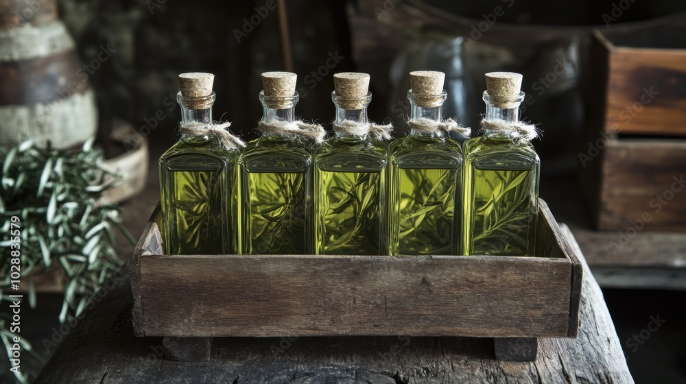 A rustic wooden tray filled with five bottles of fragrant green oil surrounded by natural decor in a cozy setting A rustic wooden tray filled with five bottles of fragrant green oil surrounded by natural decor in a cozy setting
