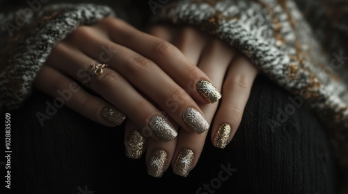 Elegant hands with beautifully manicured nails featuring intricate designs and glitter, resting on a dark surface in cozy indoor lighting