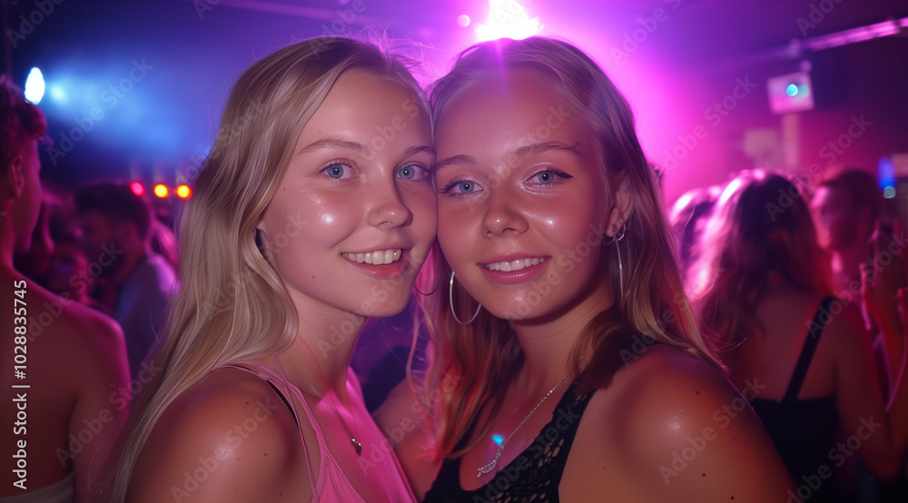 Two women are smiling and posing for a picture at a party Two women are smiling and posing for a picture at a party