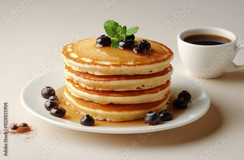 Fluffy pancakes stacked high with whipped cream and coffee on a cozy breakfas...