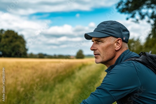 Man enjoying a peaceful nature walk in the countryside on a sunny day