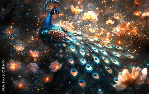 Majestic peacock with vibrant iridescent feathers, surrounded by magical particles and bioluminescent flowers in a mystical garden, ethereal digital scene photo