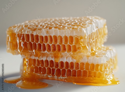 Freshly harvested honeycomb drizzled with golden honey on a clean white surface