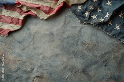 Tattered American flag displaying faded stars and worn fabric against a dark ...