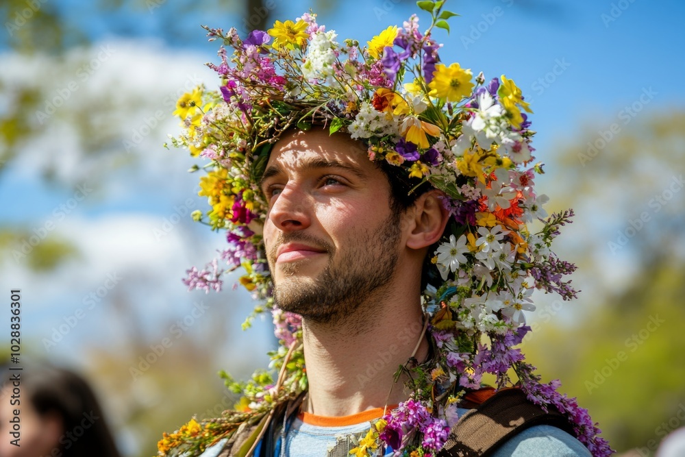 Obraz premium Man wearing colorful floral crown in sunny outdoor setting