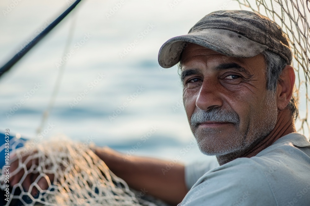Experienced fisherman with nets on a tranquil sea Experienced fisherman with nets on a tranquil sea