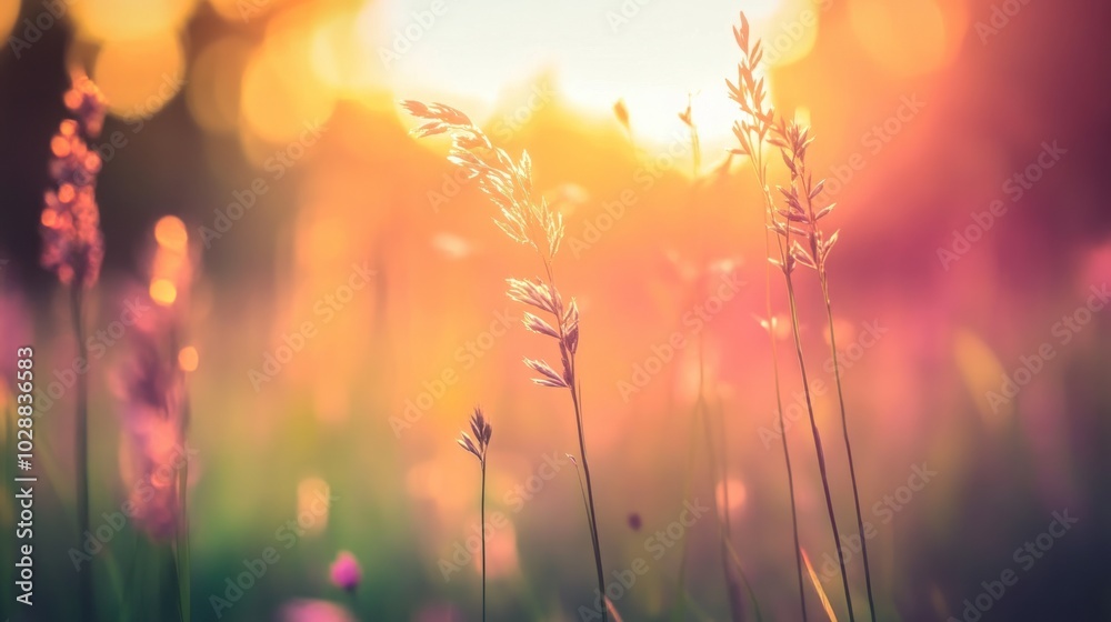 Golden Sunset Over Tall Grasses and Wildflowers