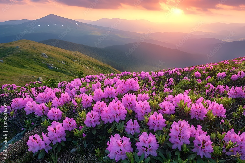 Pink rhododendron flowers in the Carpathian mountains Pink rhododendron flowers in the Carpathian mountains