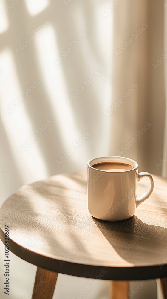 A serene scene featuring a coffee cup on a wooden table, illuminated by soft, natural light and casting gentle shadows.