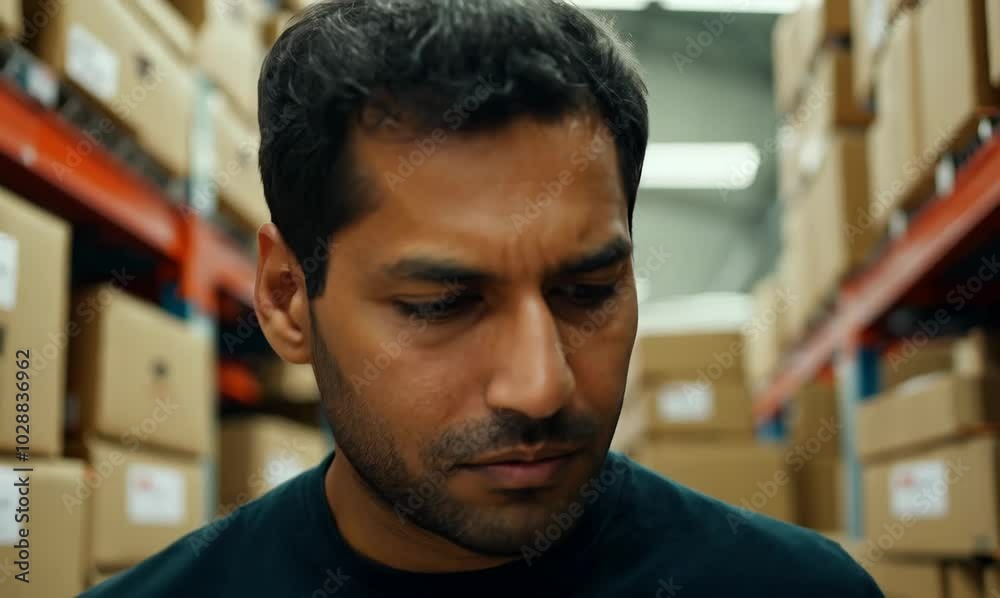 Iraqi Man Carrying Boxes in Busy Warehouse Scene Iraqi Man Carrying Boxes in Busy Warehouse Scene