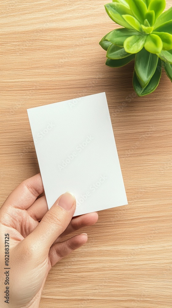A hand holds a blank card beside a small green plant on a wooden surface, creating a calm and minimalist aesthetic. A hand holds a blank card beside a small green plant on a wooden surface, creating a calm and minimalist aesthetic.