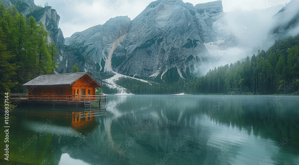 Fototapeta premium Beautiful lake with a wooden cabin on the lake and a mountain background, a beautiful natural scenery with clouds and mist around the mountains, forest trees, lake reflection, green water surface.