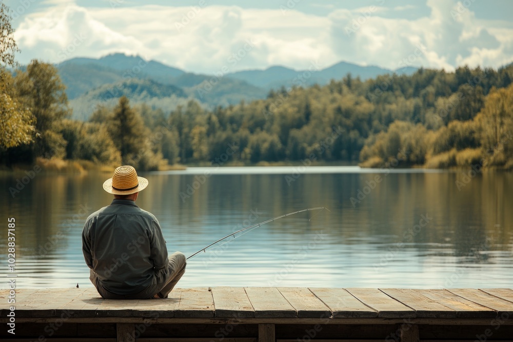 Solitude and serenity: man fishing on tranquil lake dock with scenic mountain views Solitude and serenity: man fishing on tranquil lake dock with scenic mountain views