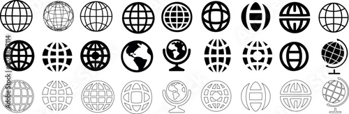 Globe icons vector set, grid patterns, flat earth symbols,  Internet, world, or global reach line art, round globes, different perspective for web design, logos, apps, infographics, and global themes