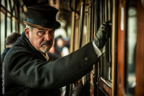 Vintage train journey: mysterious man in classic attire photo