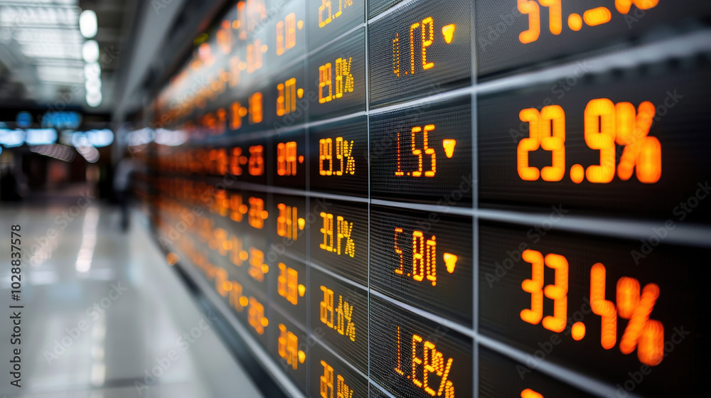 image displays digital stock market display showing various stock prices and percentages, reflecting dynamic nature of financial markets image displays digital stock market display showing various stock prices and percentages, reflecting dynamic nature of financial markets
