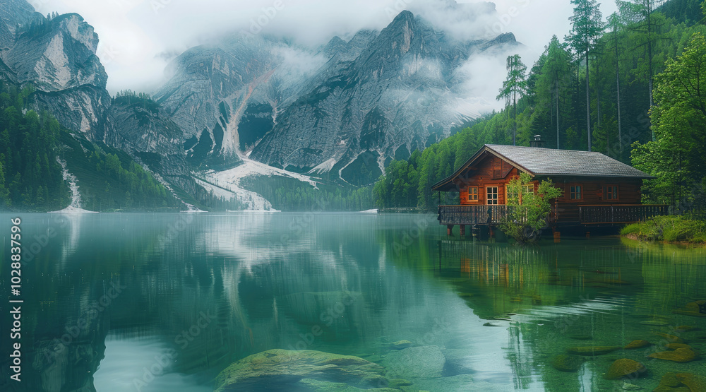 Fototapeta premium Beautiful lake with a wooden cabin on the lake and a mountain background, a beautiful natural scenery with clouds and mist around the mountains, forest trees, lake reflection, green water surface.