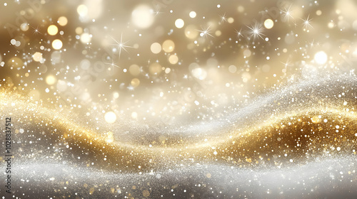 A shimmering abstract background with golden and silver bokeh effects.