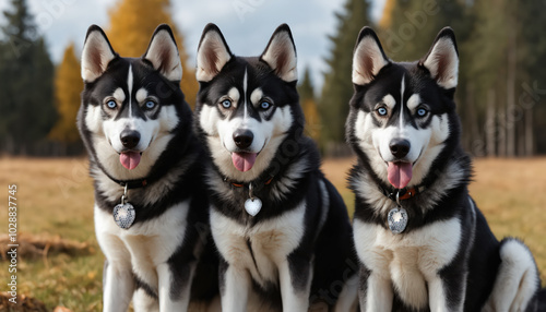 Triplet husky dogs sits together in the park and looking at the camera.