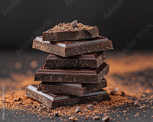 Stack of rich dark chocolate with cocoa powder on a dark background.
