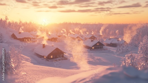 Winter Wonderland - Sunset Glow on Snowy Landscape with Cozy Cabins and Chimney Smoke, Serene Holiday Scene with Ultra-Detailed, Cinematic Light