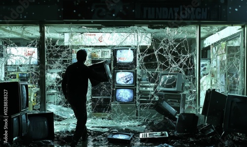 A man carries a TV through a shattered store window.