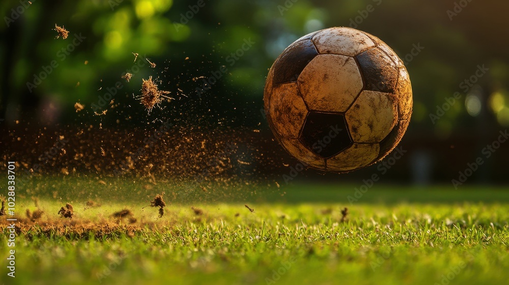 Fototapeta premium Soccer Ball in Mid Air After Being Kicked with Force