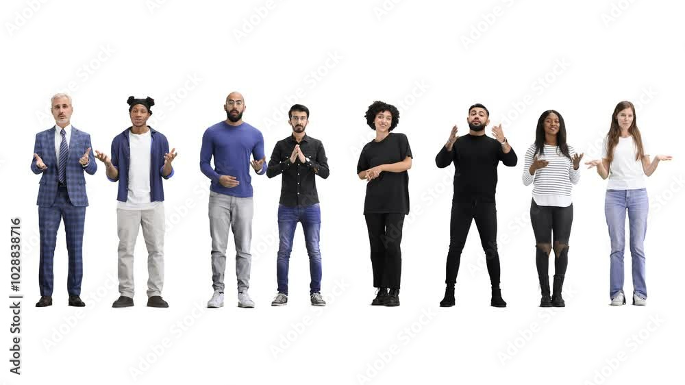 a group of people, in full height, on a white background, talking a group of people, in full height, on a white background, talking