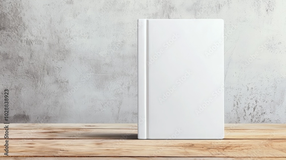 A blank white book is set against a textured concrete wall, resting on a rustic wooden table, evoking simplicity and potential for creativity. A blank white book is set against a textured concrete wall, resting on a rustic wooden table, evoking simplicity and potential for creativity.