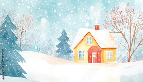 Charming watercolor winter house surrounded by snow-covered trees