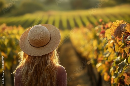 Woman in straw hat enjoying a serene vineyard at sunset photo