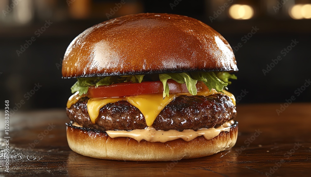 Succulent gourmet burger closeup with juicy patty, melted cheese, fresh crisp vegetables, and a gourmet bun, enhanced by warm lighting for a delicious look