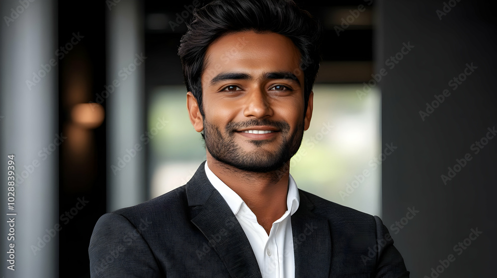 Confident young man in a suit smiling in a modern office setting. Confident young man in a suit smiling in a modern office setting.