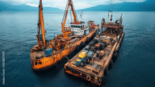 Aerial view of two large yellow and rusty industrial ships on the ocean, surrounded by mountains under a cloudy sky. photo