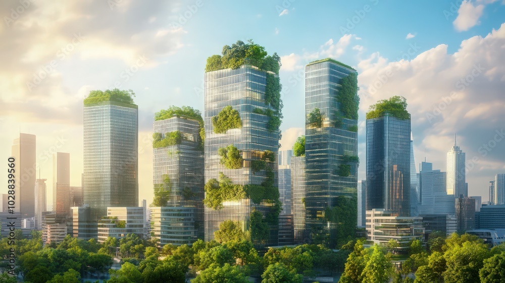 A futuristic cityscape with eco-friendly office towers designed to cut heat and foster green environments, reflecting sustainable urban living A futuristic cityscape with eco-friendly office towers designed to cut heat and foster green environments, reflecting sustainable urban living