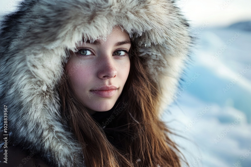 Portrait of a young woman in winter fur hood outdoors in snowy landscape Portrait of a young woman in winter fur hood outdoors in snowy landscape