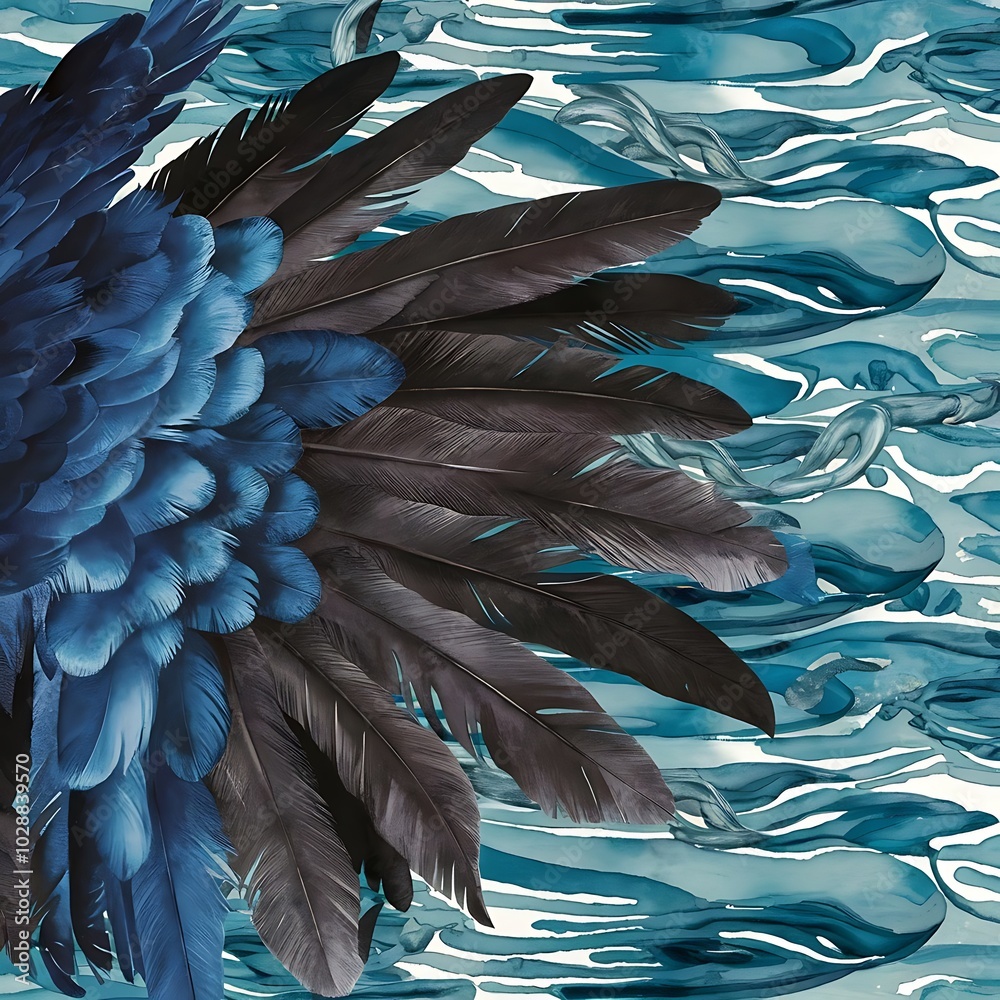 Fototapeta premium Blue and black bird feathers from wing. Watercolor background illustration set. Seamless background pattern.